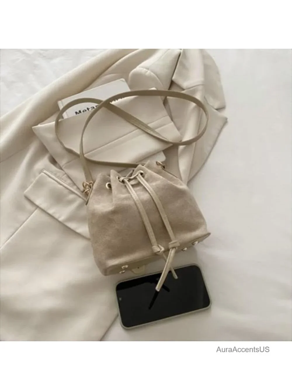 Suede Bucket Bag for Women Drawstring Crossbody Hobo Handbag